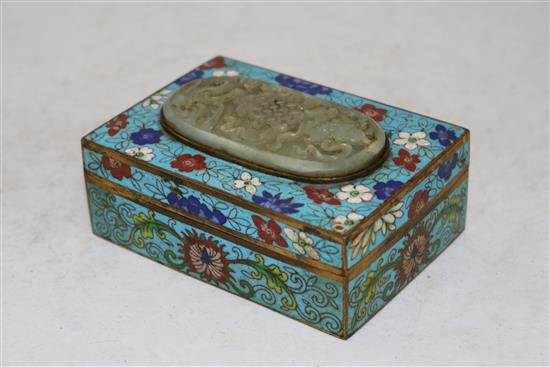 A Chinese cloisonne enamel box and cover, inset with a celadon jade plaque, 18th/19th century, 11.8cm